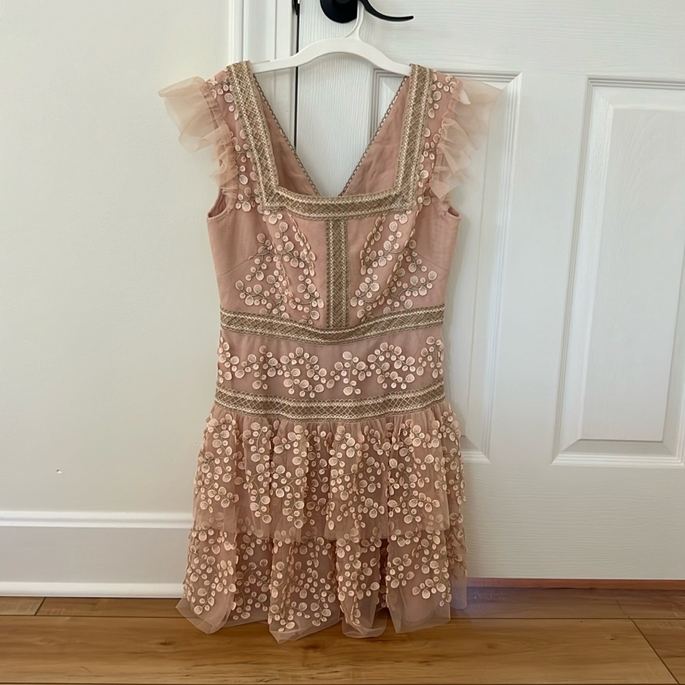 NWT BCBGMAXAZRIA Floral Embroidered Tiered Ruffle Dress Bare Pink Size 6